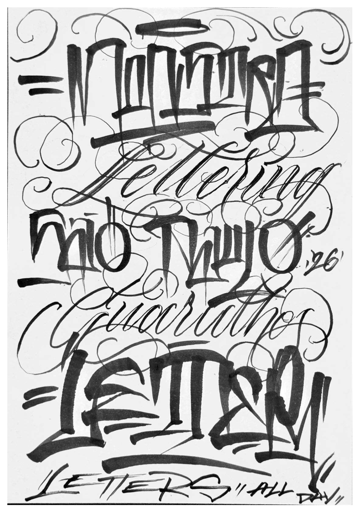 Folha de lettering com estudos do Monstrao